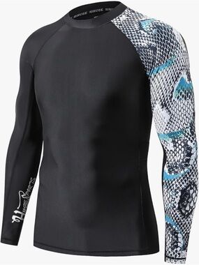 Men's Black Rash Guard with Blue Snake-Print Sleeve